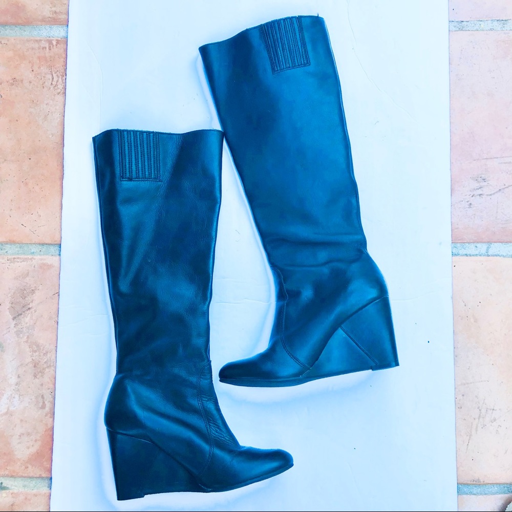 Mattise Jayden Wedge Tall High Leather Black Boots Size 6.5
